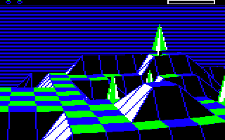 A view over landscape 0000 from the Sentinel's tower in the BBC Micro version of The Sentinel