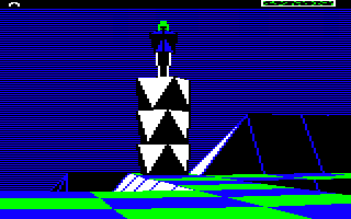 A robot on a stack of boulders in the BBC Micro version of The Sentinel